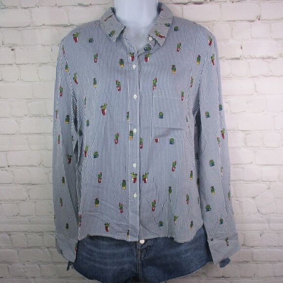 Bershka Size Large Cactus Novelty Print Striped Button Up Long Sleeve Shirt - Picture 1 of 5